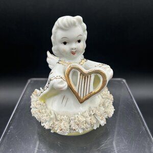 Vintage 50s Blume Japan Angel Playing Harp Yellow Gold Heart Figurine Christmas